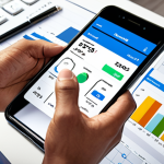 A person happily managing their finances on a smartphone app, showing charts and graphs of their spending habits, with various bank accounts and investments displayed in an organized and easily understandable manner. The scene should convey a sense of control, organization, and financial awareness.