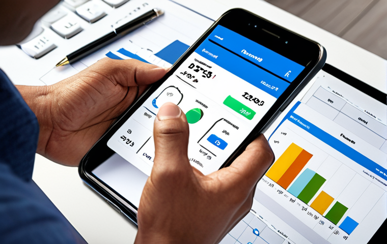 A person happily managing their finances on a smartphone app, showing charts and graphs of their spending habits, with various bank accounts and investments displayed in an organized and easily understandable manner. The scene should convey a sense of control, organization, and financial awareness.
