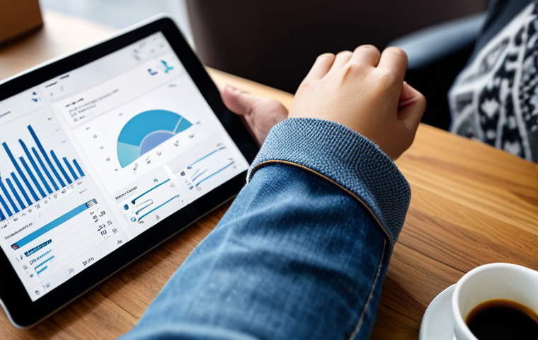 **
A woman using an AI-powered budgeting app on her tablet, showcasing charts and graphs of spending analysis. She is sitting at a cafe table, fully clothed in a casual outfit (jeans and a sweater), with a coffee cup beside her. The cafe background is blurred. Keywords: smart finance, AI, budgeting, technology, modern, safe for work, appropriate content, fully clothed, professional, perfect anatomy, natural proportions, well-formed hands, proper finger count.
**